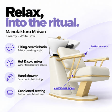 Manufakturo Maison Creamy backwash unit with a white tilting ceramic basin, hot and cold mixer, hand shower and cushioned seating.