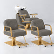 Manufakturo Maison Deep Ash Hair Salon Set with 2 Amélie Styling Chairs, showing the complete coordinated three-piece furniture set on a grey studio background.