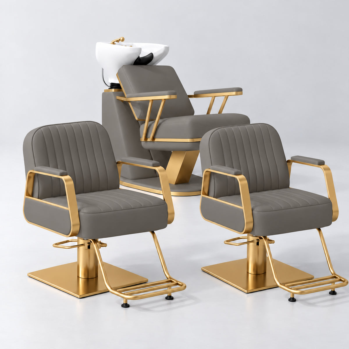 Manufakturo Maison Deep Ash Hair Salon Set with 2 Amélie Styling Chairs, showing the complete coordinated three-piece furniture set on a grey studio background.