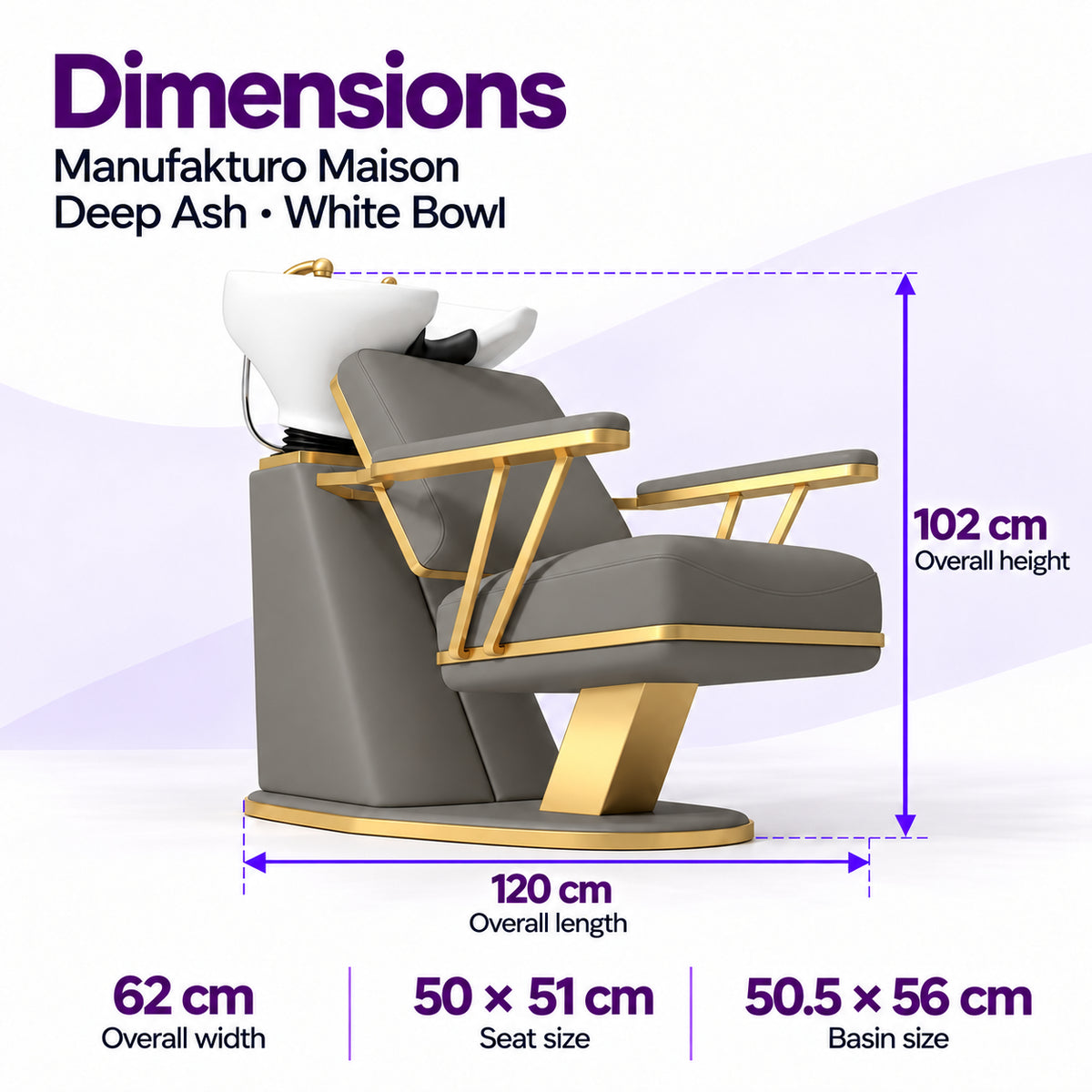 Manufakturo Maison Deep Ash backwash unit dimensions: 120 cm length, 62 cm width, 102 cm height, 50 x 51 cm seat and 50.5 x 56 cm basin.