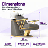 Manufakturo Maison Deep Ash backwash unit dimensions: 120 cm length, 62 cm width, 102 cm height, 50 x 51 cm seat and 50.5 x 56 cm basin.