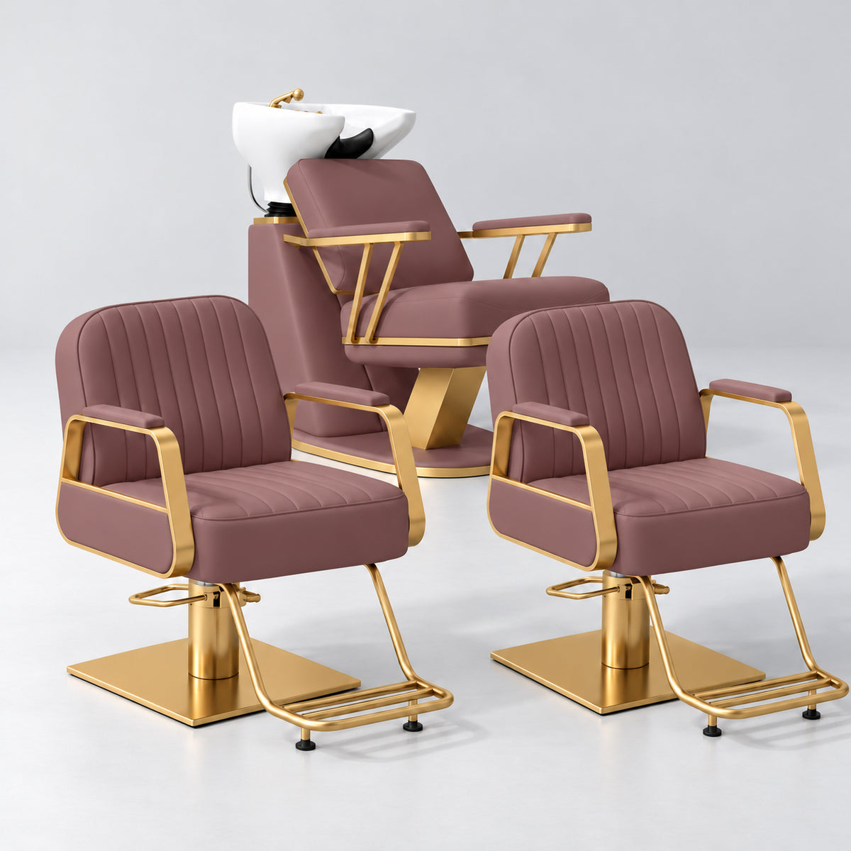 Manufakturo Maison Dusty Rose Hair Salon Set with 2 Amélie Styling Chairs, showing the complete coordinated three-piece furniture set on a grey studio background.