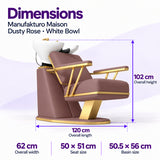 Manufakturo Maison Dusty Rose backwash unit dimensions: 120 cm length, 62 cm width, 102 cm height, 50 x 51 cm seat and 50.5 x 56 cm basin.