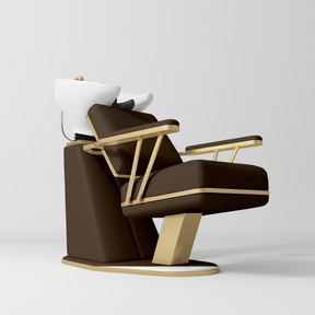 Manufakturo Maison Luxury Hair Salon Backwash Unit Cocoa Mocha - White Bowl - displayed in a professional treatment-room setting