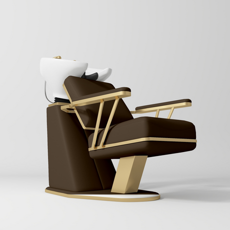 Manufakturo Maison Luxury Hair Salon Backwash Unit Cocoa Mocha - White Bowl - displayed in a professional treatment-room setting