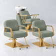 Manufakturo Maison Olive Hair Salon Set with 2 Amélie Styling Chairs, showing the complete coordinated three-piece furniture set on a grey studio background.