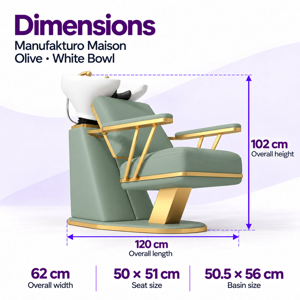 Manufakturo Maison Olive backwash unit dimensions: 120 cm length, 62 cm width, 102 cm height, 50 x 51 cm seat and 50.5 x 56 cm basin.