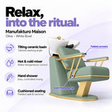 Manufakturo Maison Olive backwash unit with a white tilting ceramic basin, hot and cold mixer, hand shower and cushioned seating.