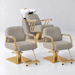 Manufakturo Maison Pearl Greige Hair Salon Set with 2 Amélie Styling Chairs, showing the complete coordinated three-piece furniture set on a grey studio background.