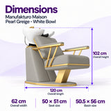 Manufakturo Maison Pearl Greige backwash unit dimensions: 120 cm length, 62 cm width, 102 cm height, 50 x 51 cm seat and 50.5 x 56 cm basin.