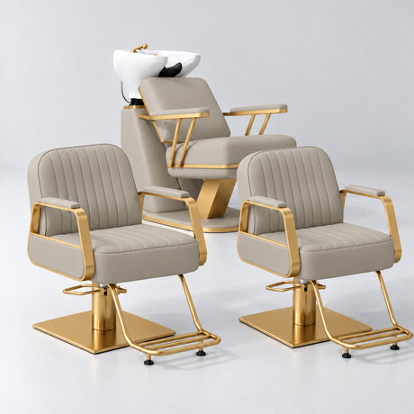 Manufakturo Maison Stone Taupe Hair Salon Set with 2 Amélie Styling Chairs, showing the complete coordinated three-piece furniture set on a grey studio background.