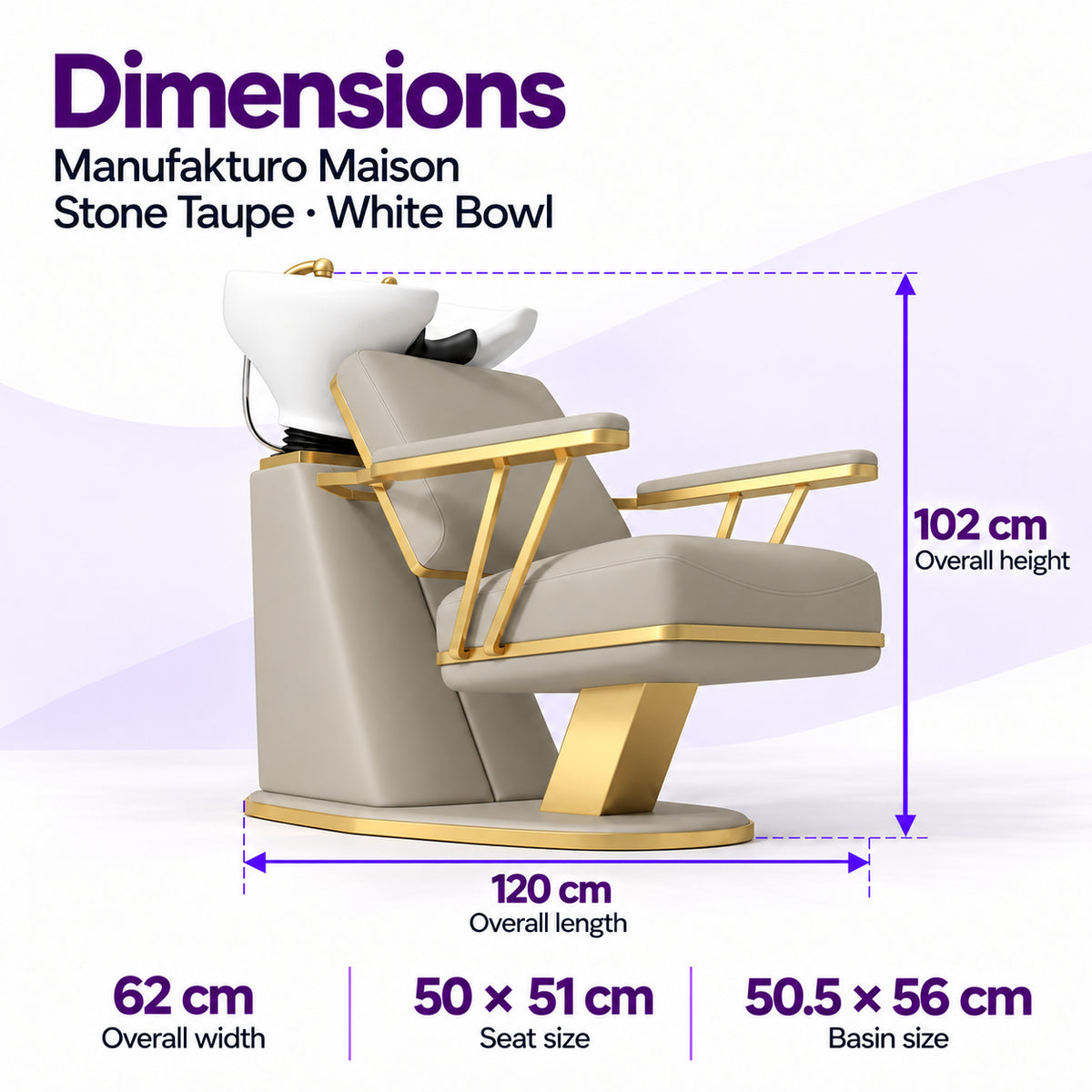 Manufakturo Maison Stone Taupe backwash unit dimensions: 120 cm length, 62 cm width, 102 cm height, 50 x 51 cm seat and 50.5 x 56 cm basin.