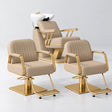 Manufakturo Maison Warm Beige Hair Salon Set with 2 Amélie Styling Chairs, showing the complete coordinated three-piece furniture set on a grey studio background.