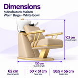 Manufakturo Maison Warm Beige backwash unit dimensions: 120 cm length, 62 cm width, 102 cm height, 50 x 51 cm seat and 50.5 x 56 cm basin.