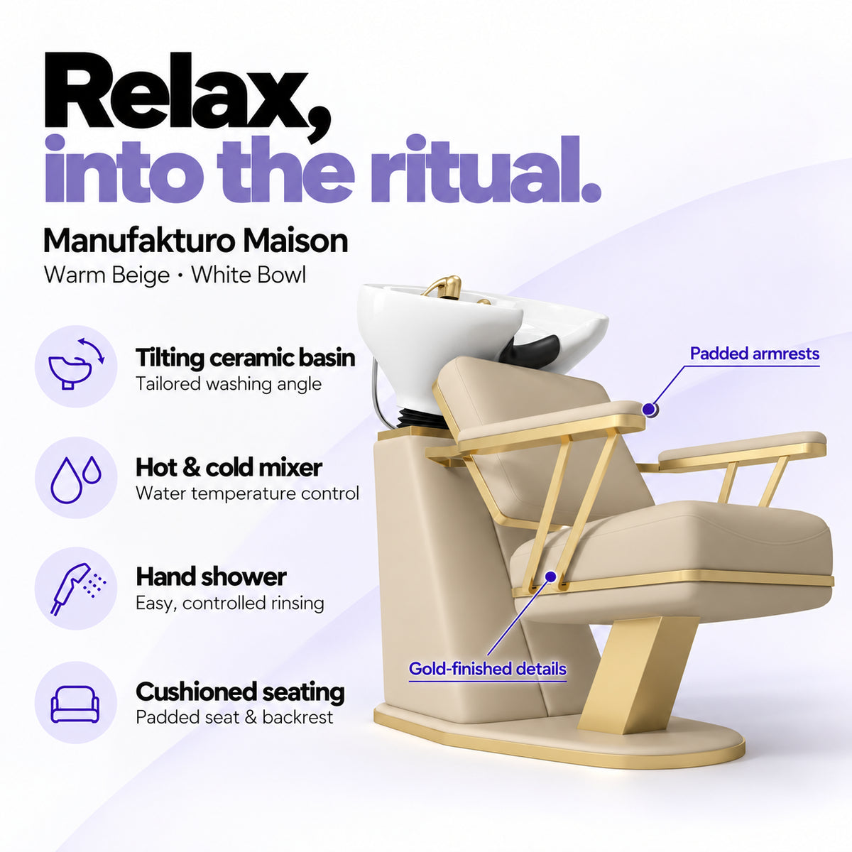Manufakturo Maison Warm Beige backwash unit with a white tilting ceramic basin, hot and cold mixer, hand shower and cushioned seating.