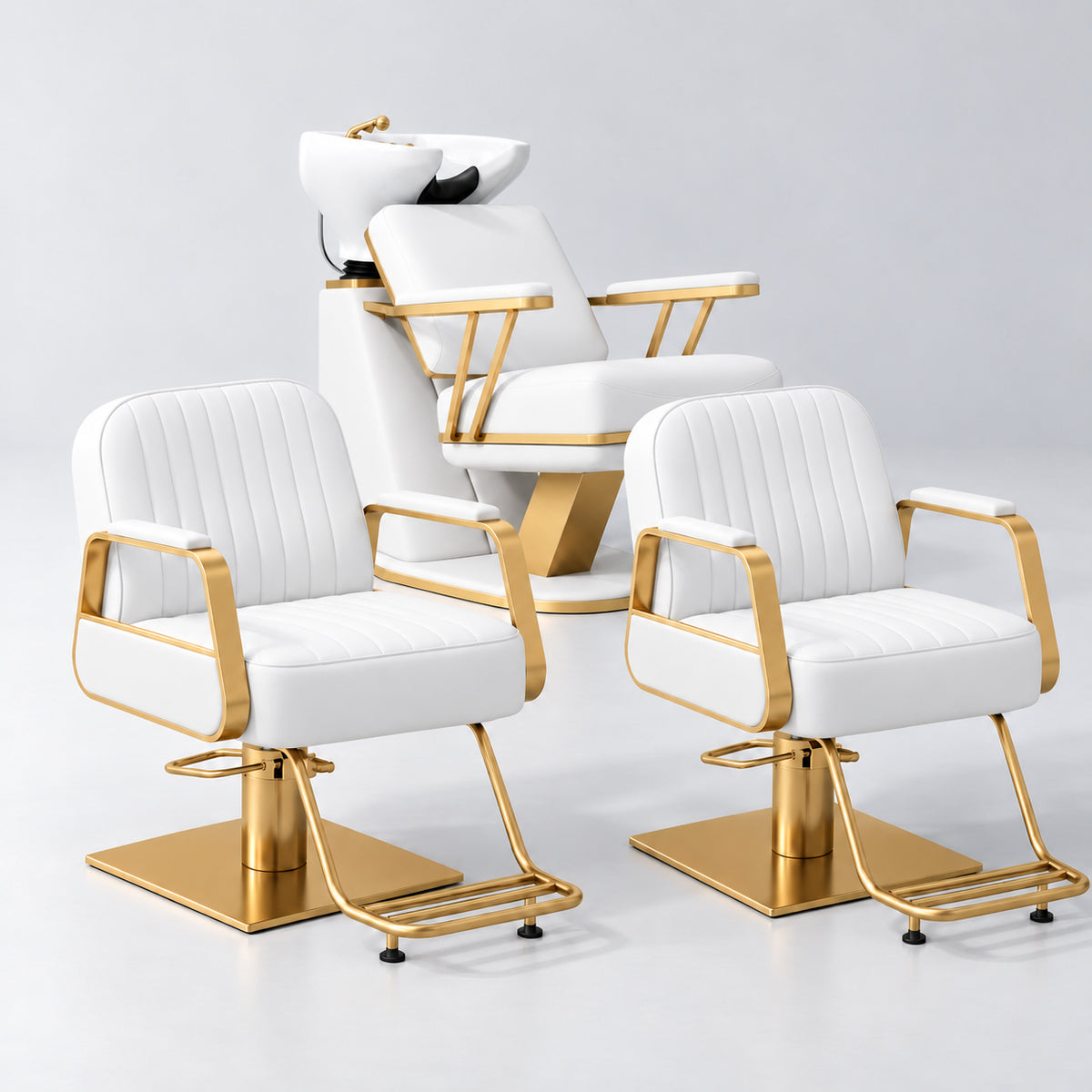 Manufakturo Maison White Hair Salon Set with 2 Amélie Styling Chairs, showing the complete coordinated three-piece furniture set on a grey studio background.