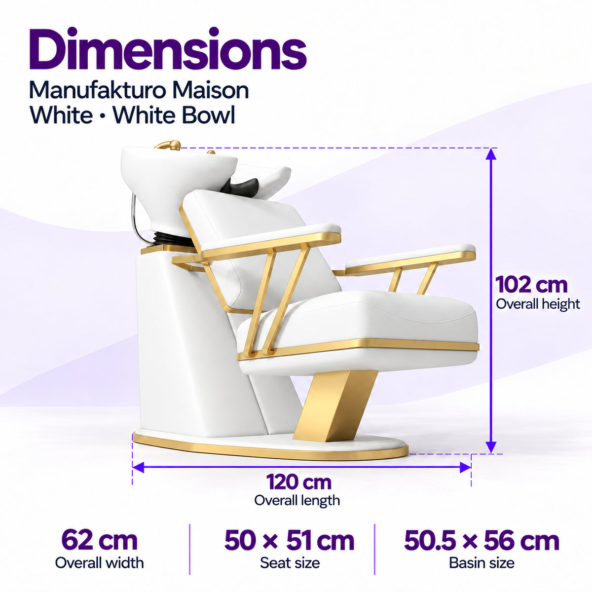 Manufakturo Maison White backwash unit dimensions: 120 cm length, 62 cm width, 102 cm height, 50 x 51 cm seat and 50.5 x 56 cm basin.