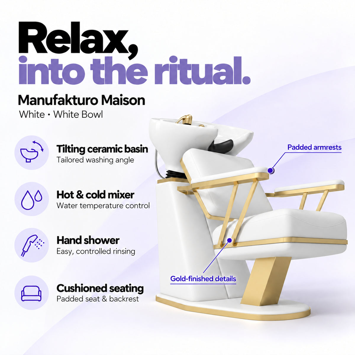Manufakturo Maison White backwash unit with a white tilting ceramic basin, hot and cold mixer, hand shower and cushioned seating.