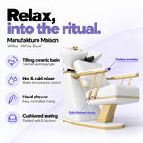 Manufakturo Maison White backwash unit with a white tilting ceramic basin, hot and cold mixer, hand shower and cushioned seating.