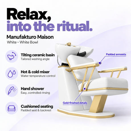 Manufakturo Maison White backwash unit with a white tilting ceramic basin, hot and cold mixer, hand shower and cushioned seating.