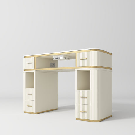Manufakturo Manicure Table Glam Station with Build-in Dust Absorber Creamy - displayed in a professional treatment-room setting