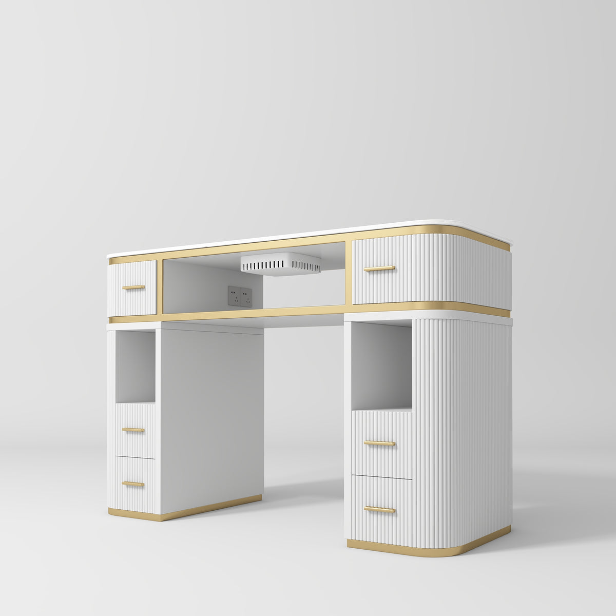 Manufakturo Manicure Table Glam Station with Build-in Dust Absorber White - displayed in a professional treatment-room setting