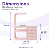 Manufakturo ManiMuse Bare Blush manicure desk dimensions: 100 by 45 cm worktop, 80 cm desk height and 130 cm overall height including the light stand.