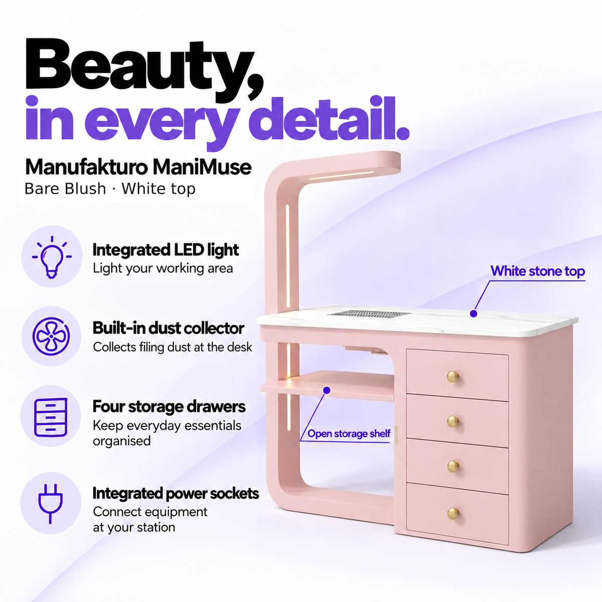 Manufakturo ManiMuse Bare Blush manicure desk with integrated LED light, built-in dust collector, four storage drawers and power sockets.