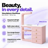 Manufakturo ManiMuse Bare Blush manicure desk with integrated LED light, built-in dust collector, four storage drawers and power sockets.