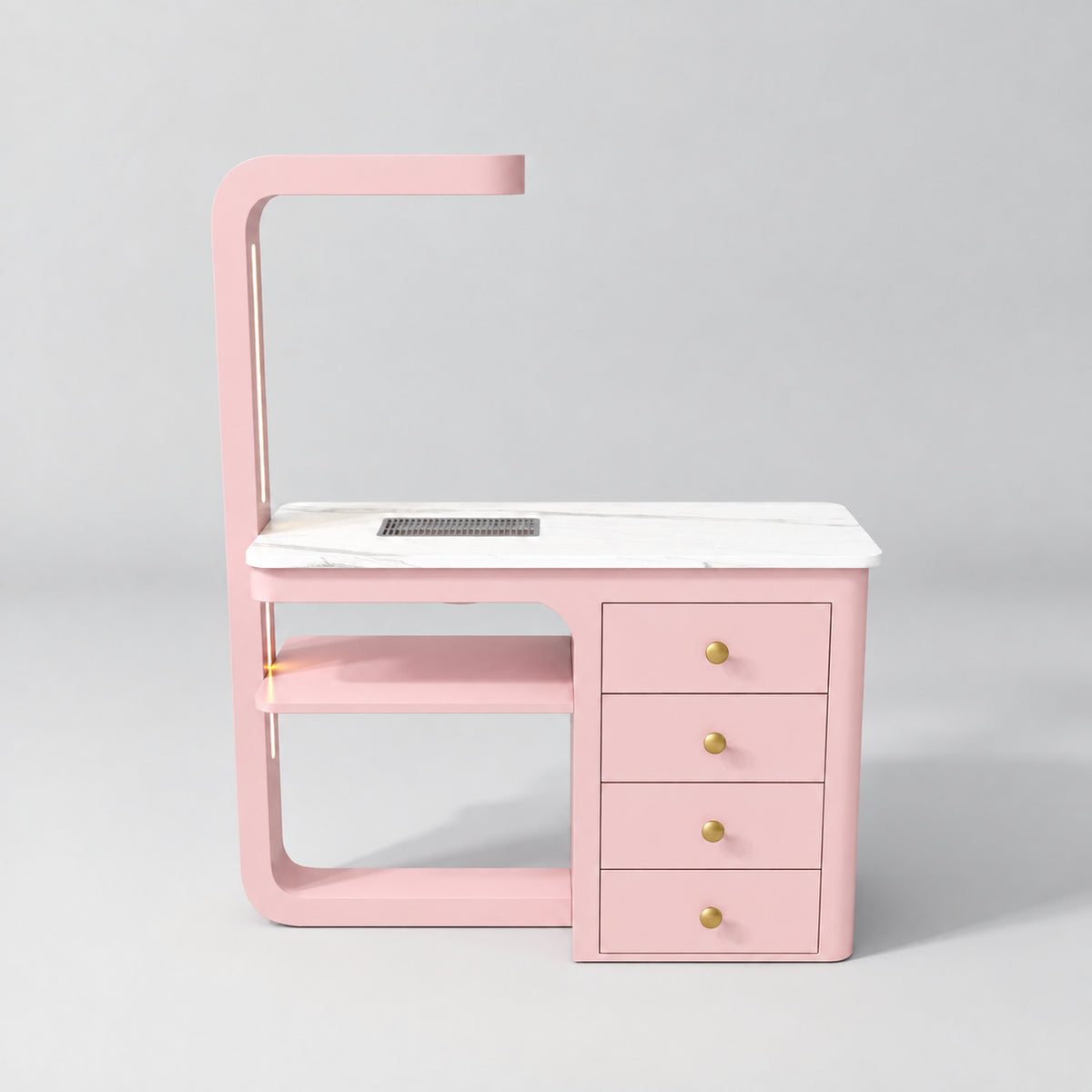 Front view of the Manufakturo ManiMuse Bare Blush manicure desk with a white stone top and integrated LED light.