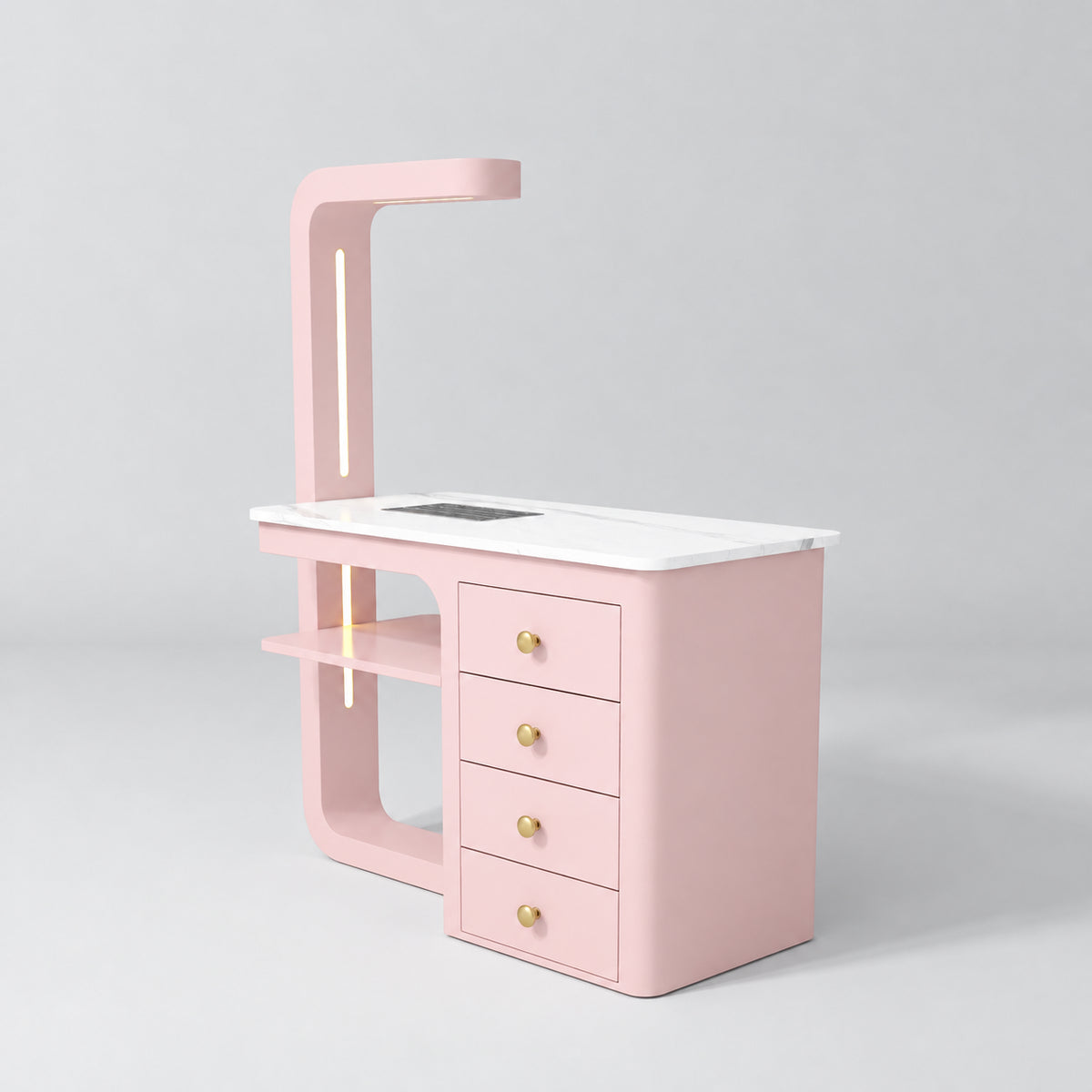 Three-quarter view of the Manufakturo ManiMuse Bare Blush manicure desk with a white stone top, dust collector and four drawers.