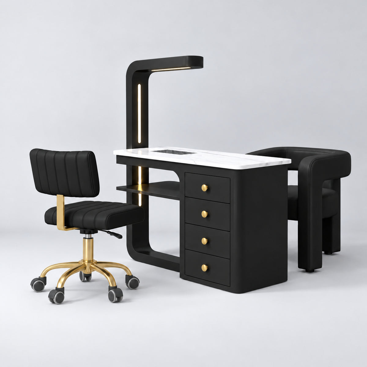 Manufakturo ManiMuse Black Manicure Set with Essence & Client Chair, showing the complete coordinated three-piece furniture set on a grey studio background.