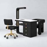 Manufakturo ManiMuse Black Manicure Set with Essence & Client Chair, showing the complete coordinated three-piece furniture set on a grey studio background.