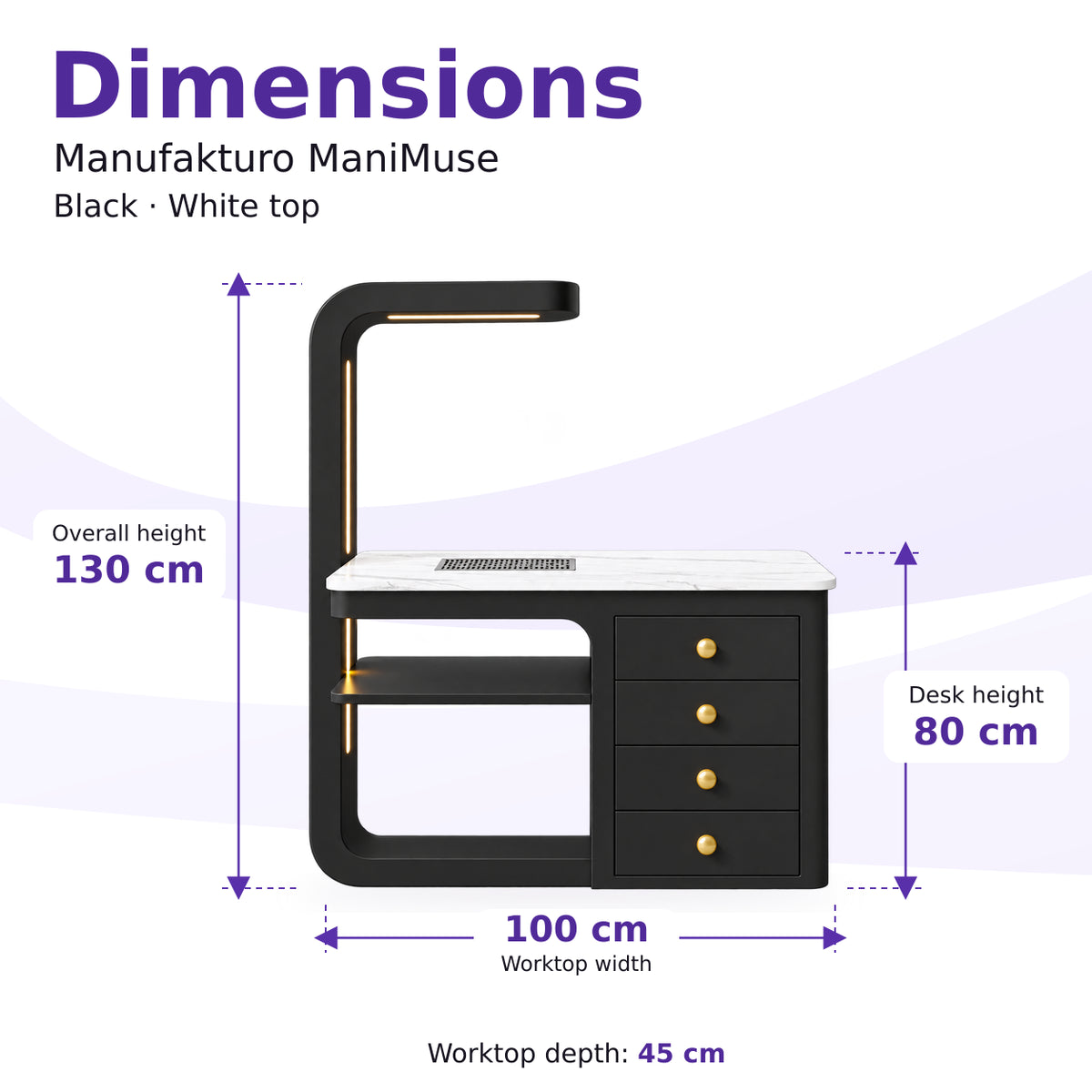 Manufakturo ManiMuse Black manicure desk dimensions: 100 by 45 cm worktop, 80 cm desk height and 130 cm overall height including the light stand.