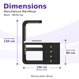 Manufakturo ManiMuse Black manicure desk dimensions: 100 by 45 cm worktop, 80 cm desk height and 130 cm overall height including the light stand.