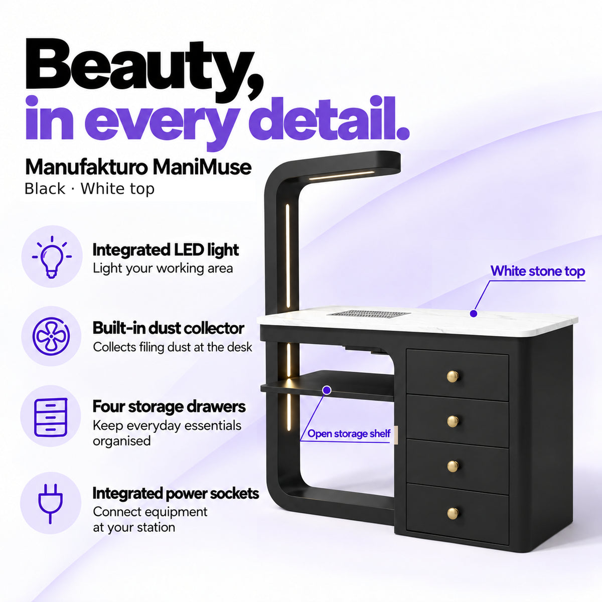 Manufakturo ManiMuse Black manicure desk with integrated LED light, built-in dust collector, four storage drawers and power sockets.
