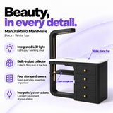 Manufakturo ManiMuse Black manicure desk with integrated LED light, built-in dust collector, four storage drawers and power sockets.