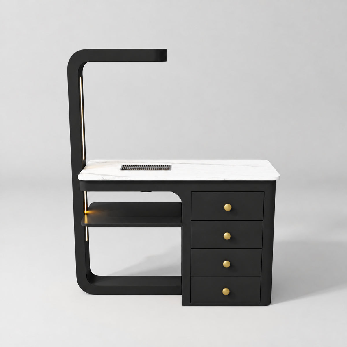 Front view of the Manufakturo ManiMuse Black manicure desk with a white stone top and integrated LED light.