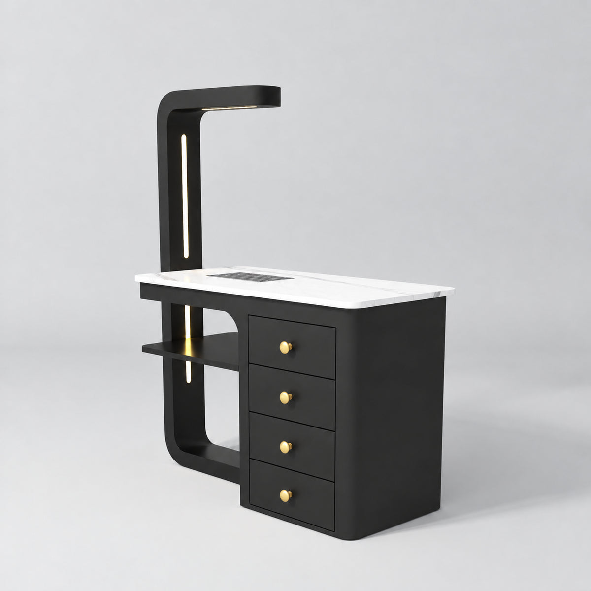 Three-quarter view of the Manufakturo ManiMuse Black manicure desk with a white stone top, dust collector and four drawers.