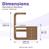 Manufakturo ManiMuse Caramel manicure desk dimensions: 100 by 45 cm worktop, 80 cm desk height and 130 cm overall height including the light stand.