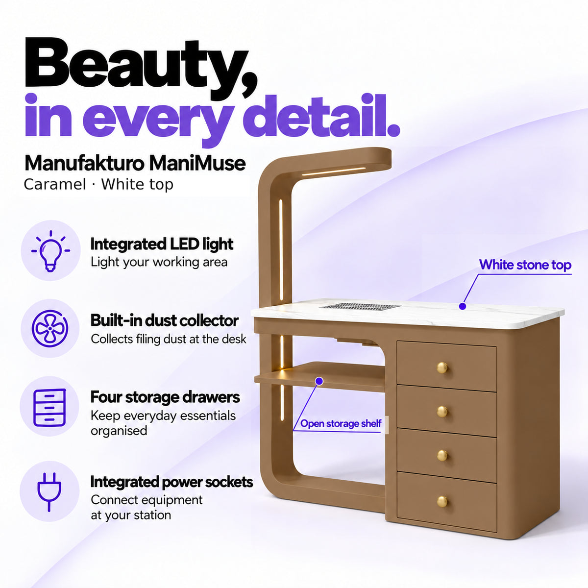 Manufakturo ManiMuse Caramel manicure desk with integrated LED light, built-in dust collector, four storage drawers and power sockets.