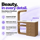 Manufakturo ManiMuse Caramel manicure desk with integrated LED light, built-in dust collector, four storage drawers and power sockets.