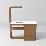 Front view of the Manufakturo ManiMuse Caramel manicure desk with a white stone top and integrated LED light.