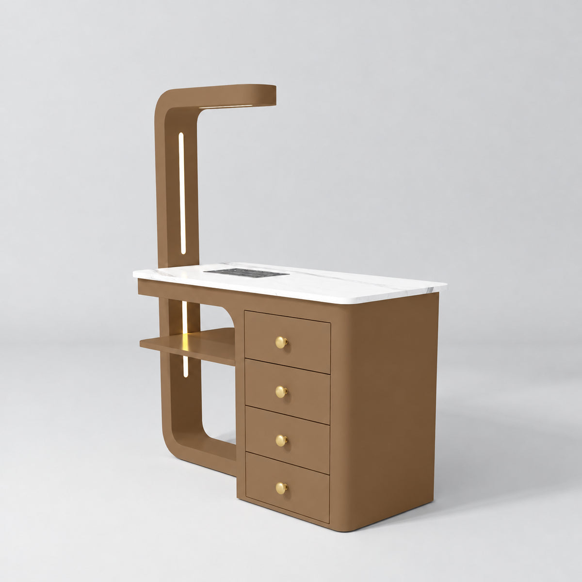 Three-quarter view of the Manufakturo ManiMuse Caramel manicure desk with a white stone top, dust collector and four drawers.