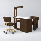 Manufakturo ManiMuse Cocoa Mocha Manicure Set with Essence & Client Chair, showing the complete coordinated three-piece furniture set on a grey studio background.