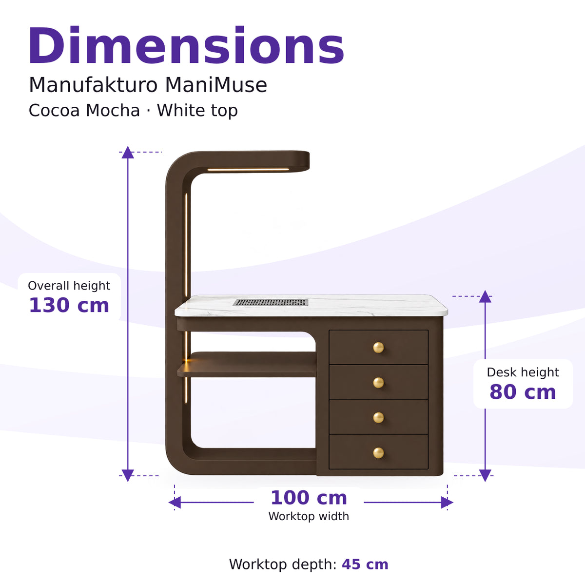 Manufakturo ManiMuse Cocoa Mocha manicure desk dimensions: 100 by 45 cm worktop, 80 cm desk height and 130 cm overall height including the light stand.