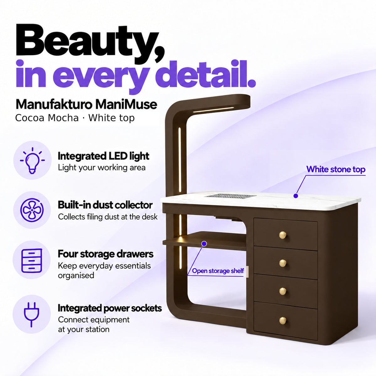 Manufakturo ManiMuse Cocoa Mocha manicure desk with integrated LED light, built-in dust collector, four storage drawers and power sockets.