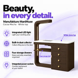 Manufakturo ManiMuse Cocoa Mocha manicure desk with integrated LED light, built-in dust collector, four storage drawers and power sockets.