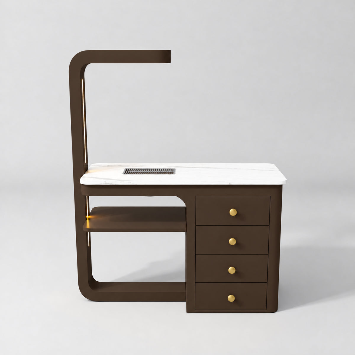 Front view of the Manufakturo ManiMuse Cocoa Mocha manicure desk with a white stone top and integrated LED light.