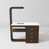 Front view of the Manufakturo ManiMuse Cocoa Mocha manicure desk with a white stone top and integrated LED light.